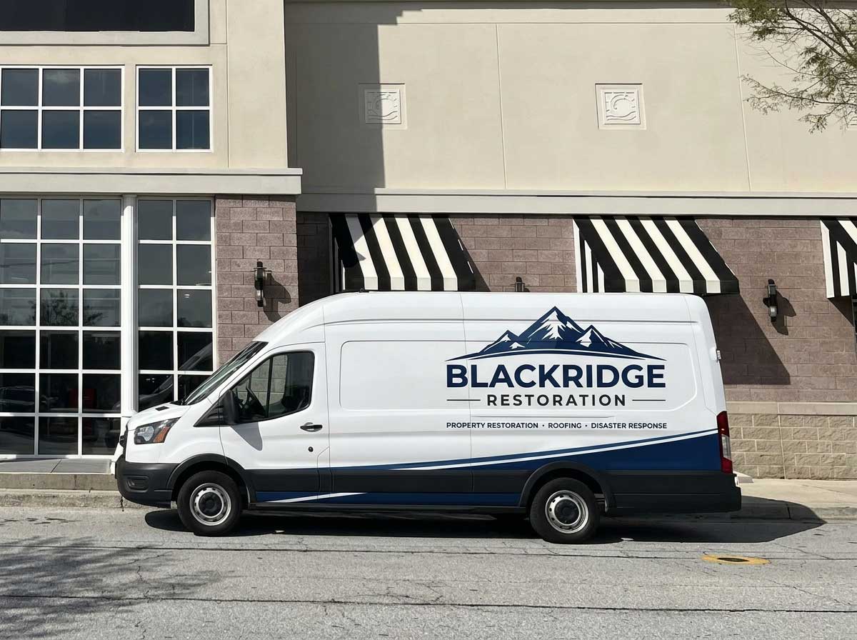 White BlackRidge Restoration service van parked in front of a storefront with black-and-white striped awnings.
