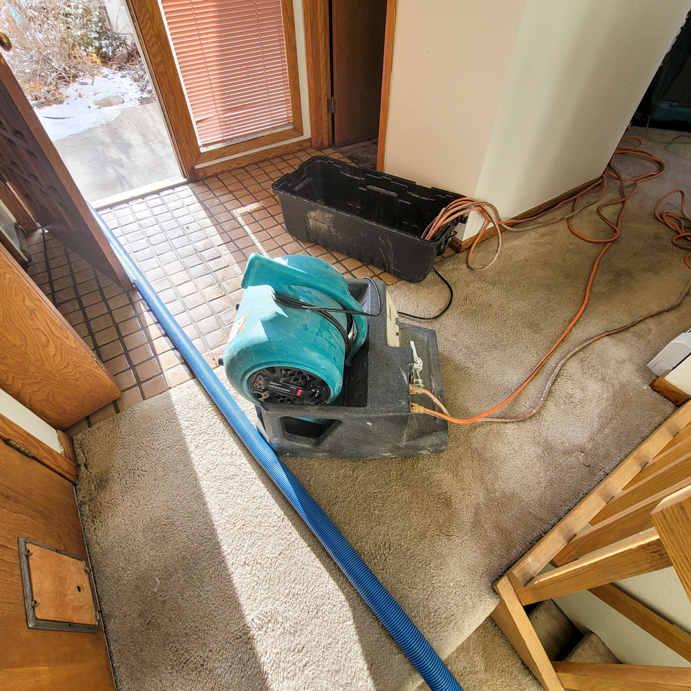 Carpet drying setup with teal air mover, blue hose and extension cords in entryway during water damage restoration