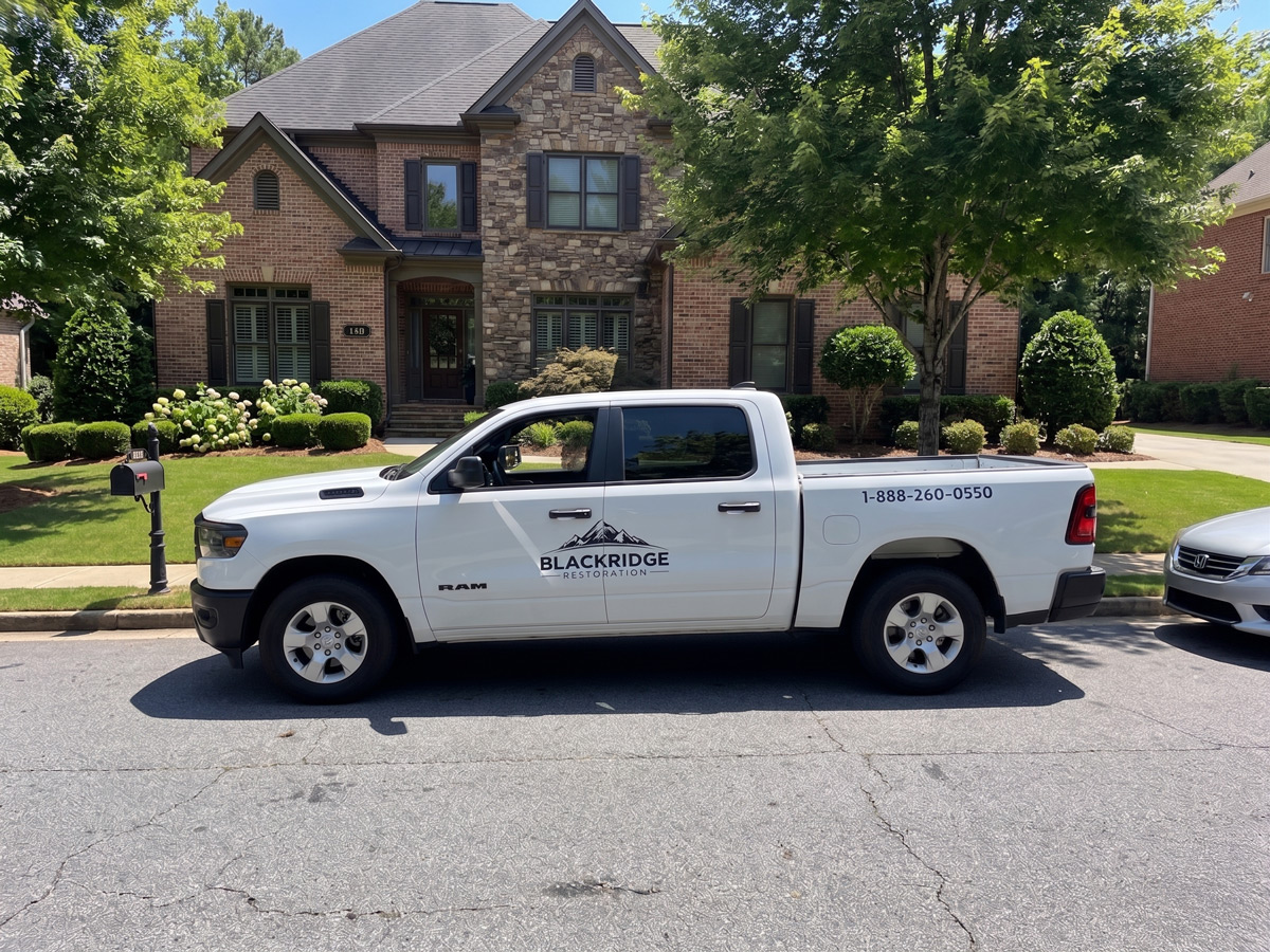 White RAM service truck with BlackRidge Restoration logo parked on suburban street in front of brick home