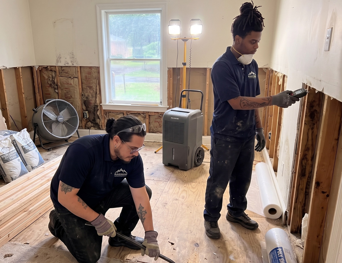 Two workers restoring a gutted room, one measuring drywall with a meter and one kneeling using tools by dehumidifier.